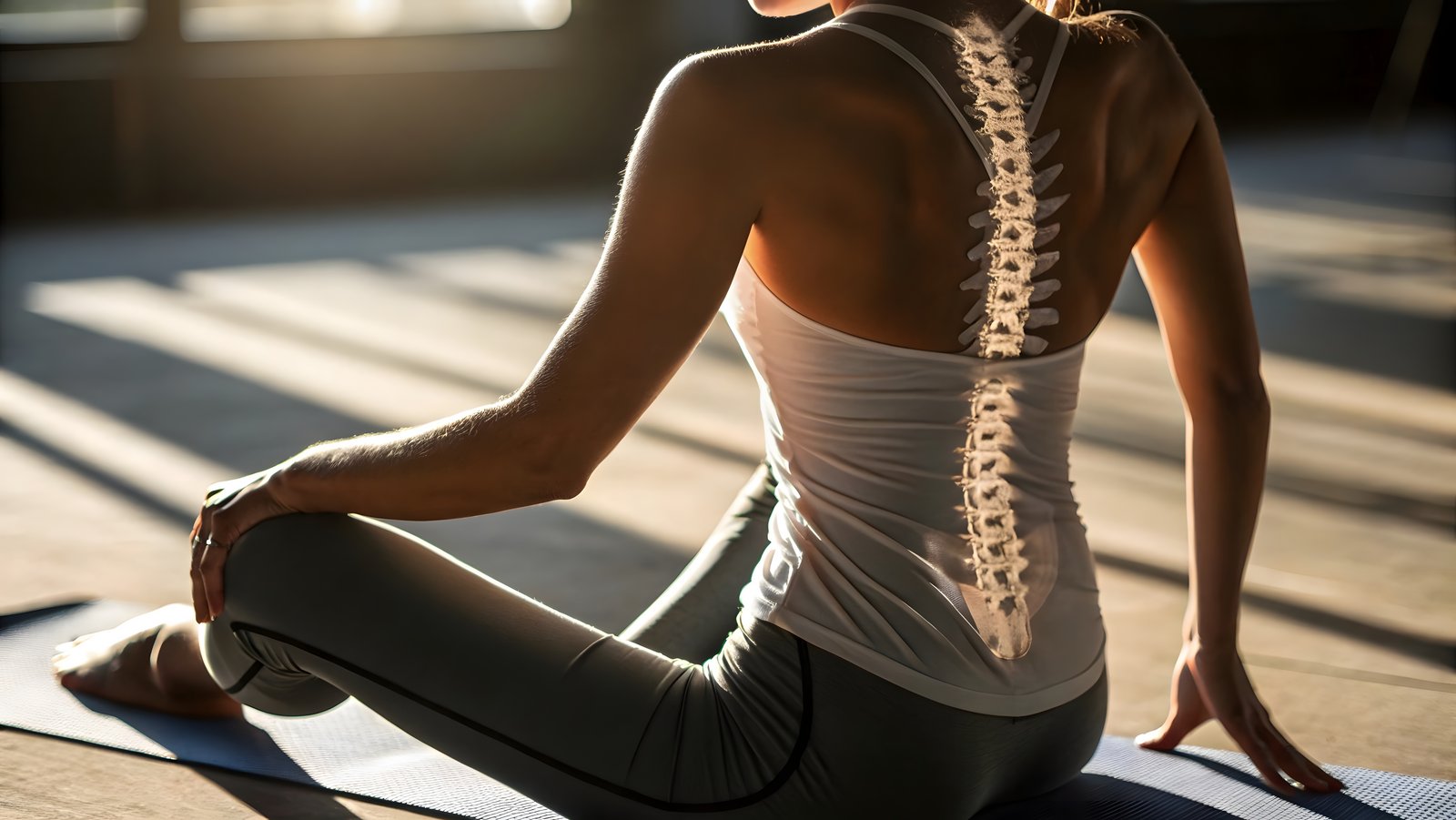 Person, die auf einem Steg am Wasser sitzt. Der Rücken erleuchtet mit einer illustrierten Wirbelsäule.